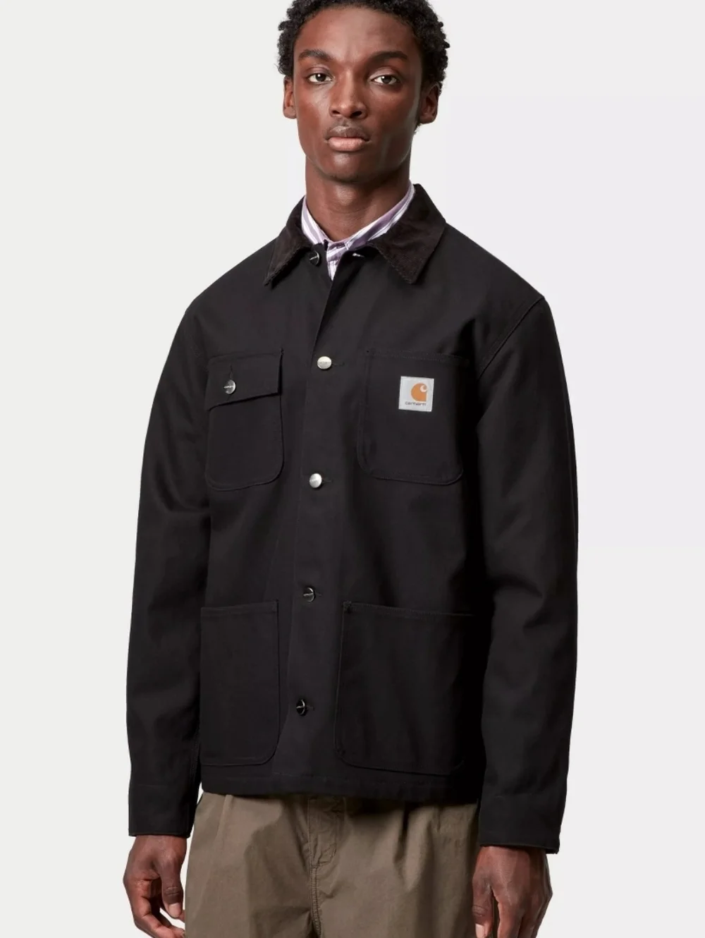 Carhartt WIP Michigan Coat Black Cotton Canvas Buttons Corduroy Collar Mens L